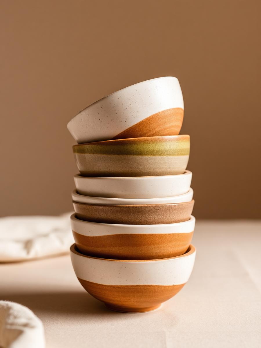 Stacked handmade bowls in earth glazes
