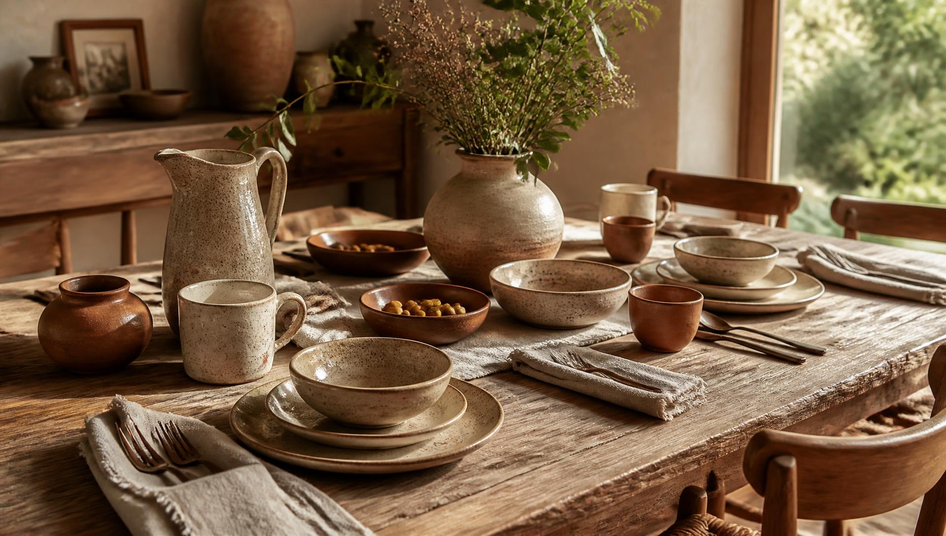A table set with handmade ceramic tableware in morning light