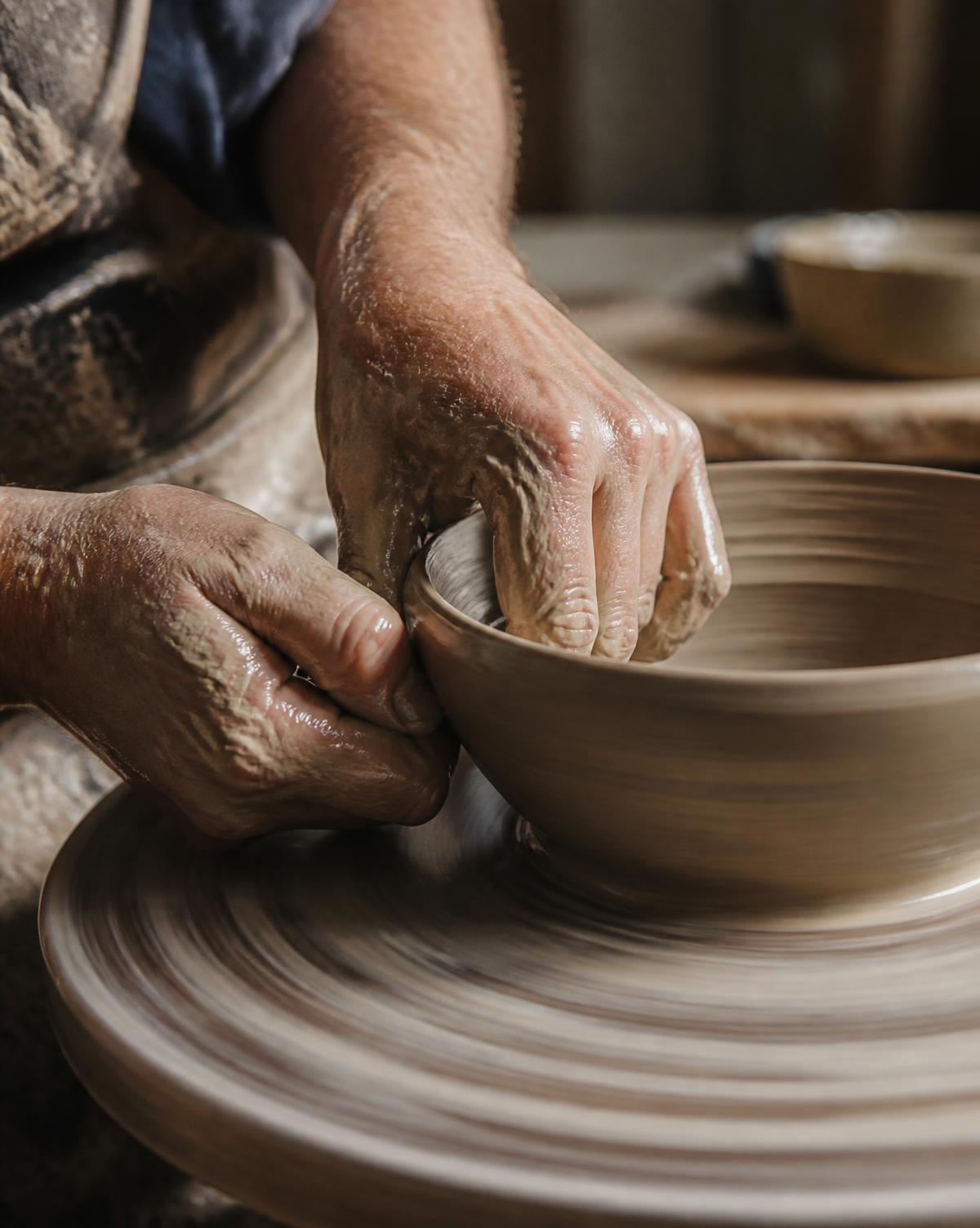 Potter's hands shaping a bowl on the wheel