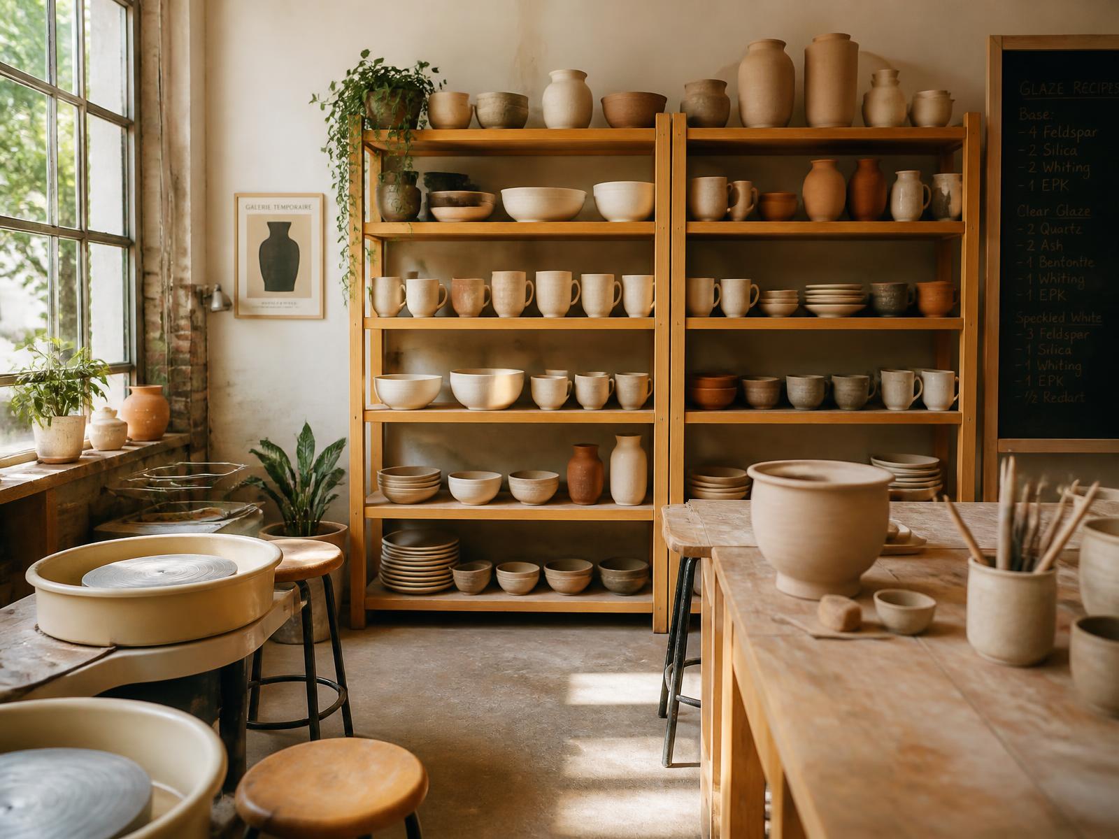 Pottery studio with wheels and shelves of drying ceramics